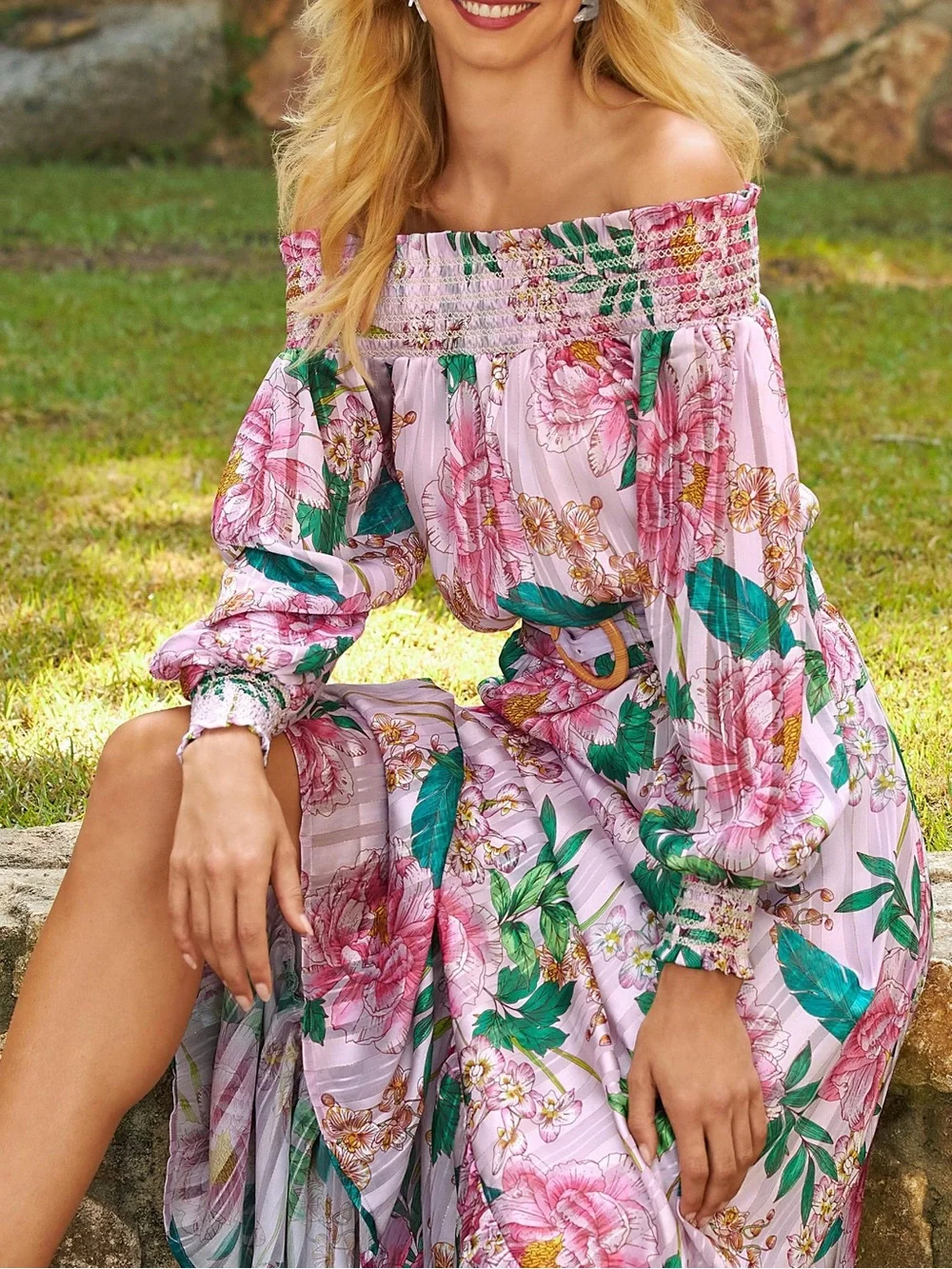 Boston Proper NWT Floral Blooms Pink Floral Off-Shoulder Maxi Dress Size Small - Picture 2 of 11
